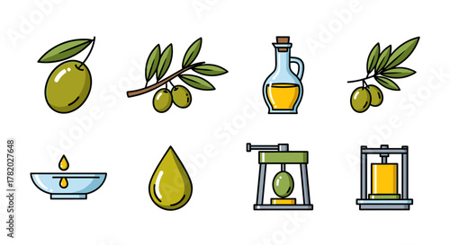 Vivid cartoon illustration of an ordered set of olive oil production icons on a white background, featuring olives on branches, a bottle of oil, a drop of oil, and olive oil pressing machinery