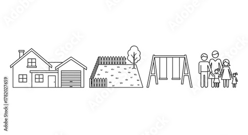Clean line art icons depicting a suburban family home with an attached garage, a fenced backyard with a tree and grass, a swing set for children, and a stylized family of four, symbolizing