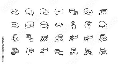 Communication icons collection, including discussion, speech bubble, talking, consultation, and conversation icons, presented as a vector illustration. This set captures various aspects of dialogue