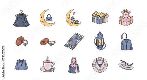 Ramadan Celebration Icon Set: A charming vector illustration collection featuring Islamic cultural elements like dates, prayer rugs, lanterns, modest fashion, jewelry, and gift boxes, perfect for