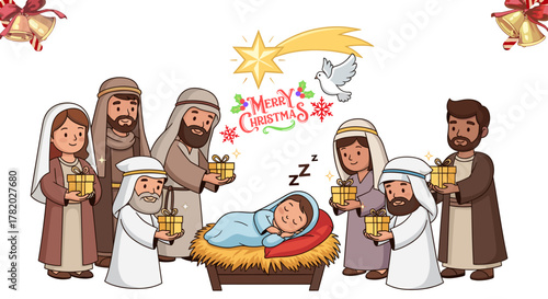 Christmas celebration Cartoon illustration of the nativity scene with baby Jesus, and the three wise men, bringing gifts