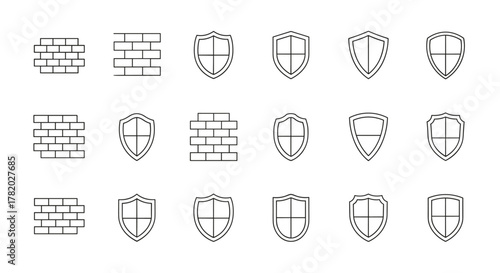 Minimalistic thin line icons set representing brick walls and shields, perfect for web design, graphic design, apps, banners, social networks, cards, and vector cartoon illustrations, symbolizing