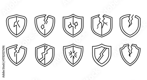 Collection of broken shield line icons, representing vulnerability, damage, and security breaches. These outline signs are perfect for graphic and web design, apps, adverts, and various cards