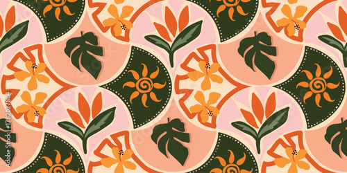 Seamless tropical summer pattern with hand drawn elements and vibrant colors. Suitable for wallpaper, fabric and print design