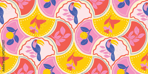 Colorful tropical toucan and floral vector seamless pattern with pink, yellow and purple tones — playful summer jungle design for fabric, wallpaper, packaging and decorative print projects.