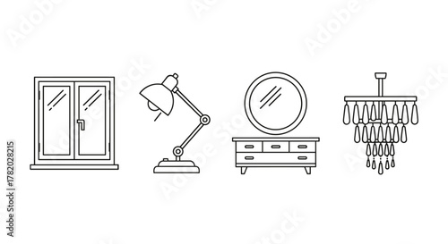 Bundle of thin line icons representing home interior elements: a double-door window, a modern desk lamp, a round mirror on a dresser, and a crystal chandelier, perfect for web, books, cards, and