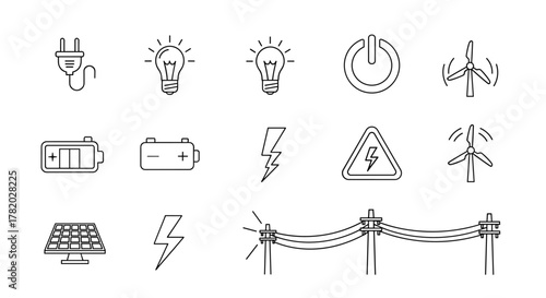 Set of vector line icons representing electricity and energy sources, including an electric plug, light bulbs, power button, batteries, solar panel, lightning bolt, wind turbines, and power lines