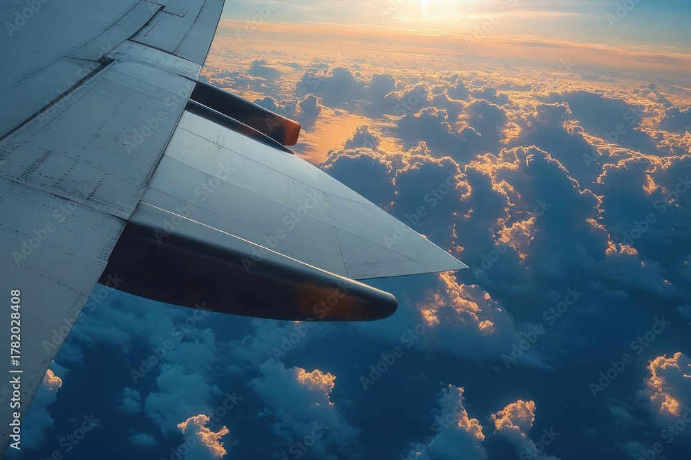 Obraz premium Airplane wing flying above dense clouds illuminated by golden sunset light creating a serene and majestic atmosphere