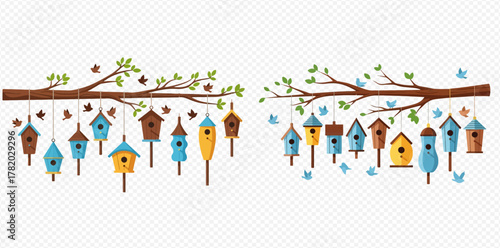 Colorful birdhouses hanging from tree branches with small birds flying around, depicting a spring or nature scene.