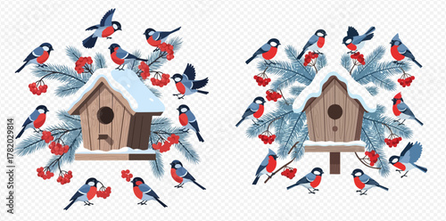 Two winter compositions featuring bullfinch birds, snow-covered birdhouses, and fir branches adorned with red berries.