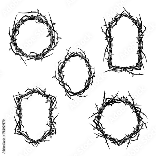 Black Thorn Frame Borders Illustration Vector Set – Gothic Spiked Bramble Frame Collection for Dark Aesthetic Design, Isolated Black And White Silhouette Art