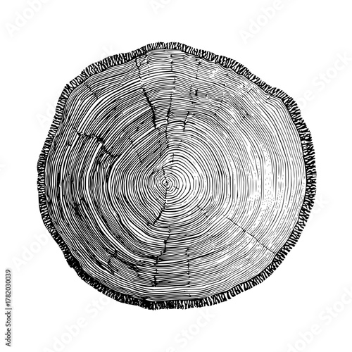 Tree ring cross section illustration of wood texture growth rings and tree trunk design for nature study