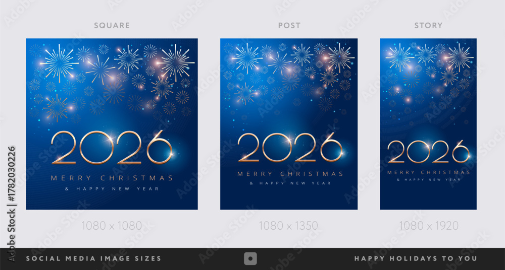 Fototapeta premium Happy New Year 2026 and Merry Christmas corporate blue social media backgrounds with fireworks - Templates for company marketing stories, square, portrait posts