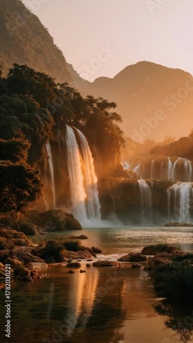 Majestic Waterfalls Surrounded by Lush Greenery at Sunset