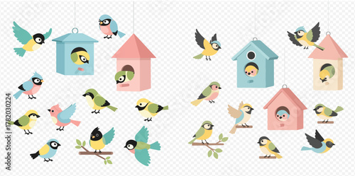 Cute cartoon birds and colorful birdhouses in a charming vector illustration.
