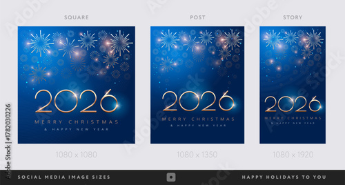 Happy New Year 2026 and Merry Christmas corporate blue social media backgrounds with fireworks - Templates for  company marketing stories, square, portrait posts