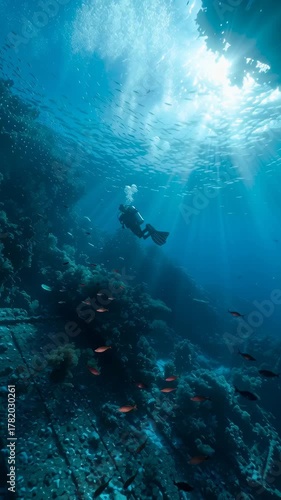 Diver Exploring Underwater Reef with Sunlight Filtering Through Water