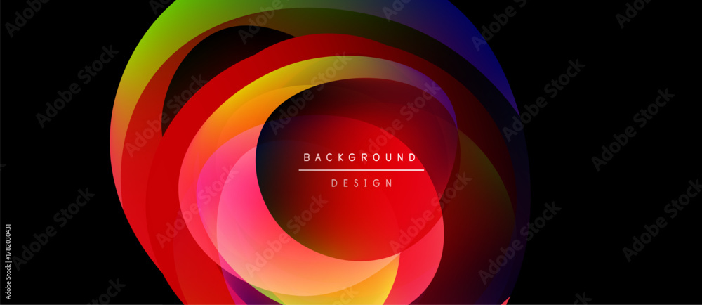 Fototapeta premium Abstract colorful layers create dynamic circular design. Vibrant hues blend, forming modern background element. Text reads background design.