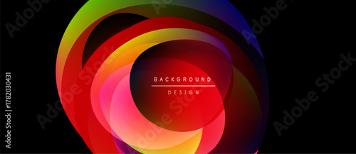Abstract colorful layers create dynamic circular design. Vibrant hues blend, forming modern background element. Text reads background design.