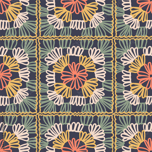 crochet granny square seamless pattern. Multicolor knitting retro background for textile, wrapping