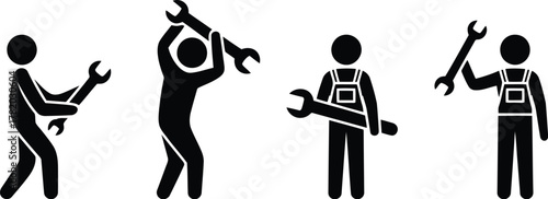 Black Silhouette Stick Figures of Mechanics Holding Wrenches Posing in Different Ways