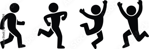 Black Silhouette Stick Figures Running, Jumping, and Celebrating on White Background