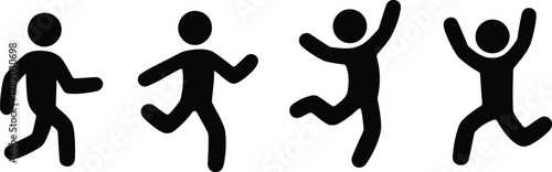 Black Stick Figures Progressing from Walking to Running and Celebrating with Arms Raised