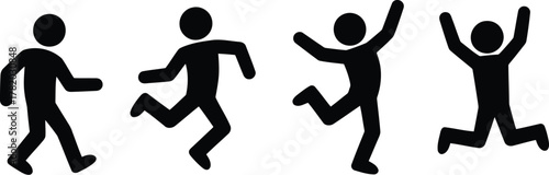 Black Stick Figures Walking Running Jumping Celebrating on White Background Symbolizing Action