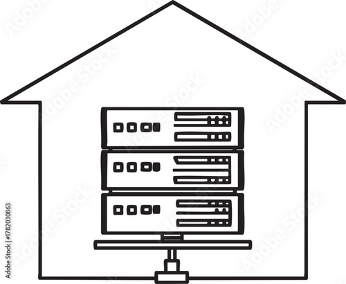 A simple outline of a house containing server racks and networking equipment