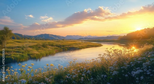 Fototapeta Naklejka Na Ścianę i Meble -  Serene river flowing through lush green meadows with flowering plants at sunset under a vibrant sky with scattered clouds and distant mountains