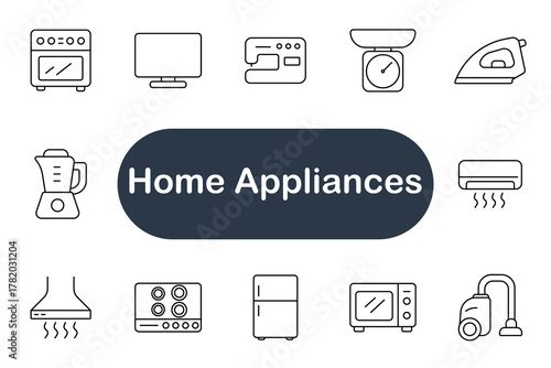 Home appliances set icon. Oven, refrigerator, microwave, blender, air conditioner, vacuum, iron, scale, sewing machine, monitor, kitchen technology