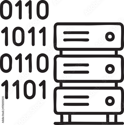 Binary code alongside server racks representing data storage and technology