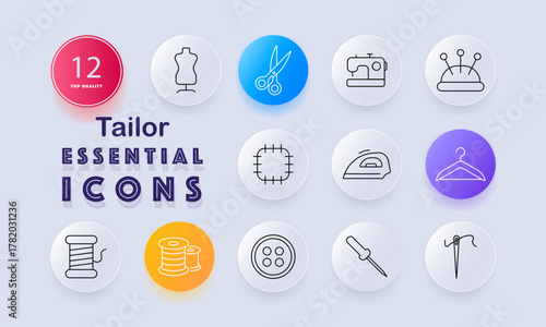 Tailor set icon. Dress form, scissors, sewing machine, pincushion, patch, iron, hanger, thread spool, button, needle, bobbin, seam ripper