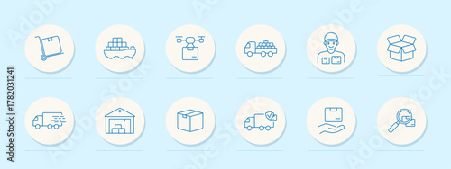 Logistics set icon. Hand truck, cargo ship, drone, delivery van, courier, open box, warehouse, parcel, checkmark, package handling, storage, inspection magnifier.