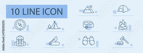 Camping set icon. Compass, mountain, tent, trailer, campfire, backpack, knife, binoculars, trees, axe, outdoor, hiking, survival, travel, tourism, navigation, equipment, wild