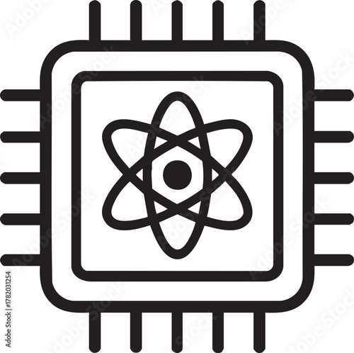 A black and white illustration of a microchip with an atom symbol