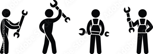 Stick Figure Mechanics Holding Wrenches in Various Poses Representing Auto Repair and Service
