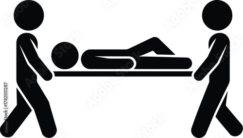 Stick Figures Carrying Patient on Stretcher Medical Emergency, Aid, Healthcare Icon