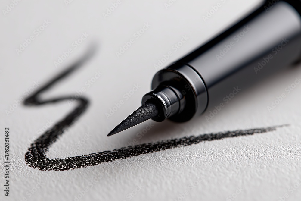 Fototapeta premium Close-up of black eyeliner tip with smooth ink line on paper texture