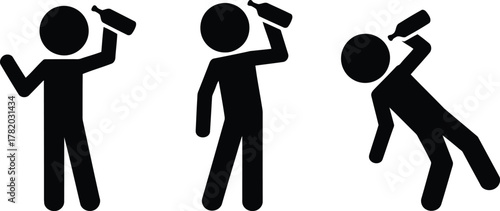 Stick Figures Progressing from Drinking to Falling with a Bottle Silhouette