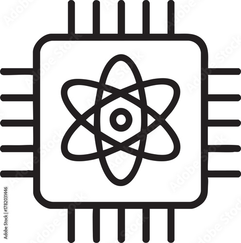 Simple black and white illustration of a computer chip with atomic structure