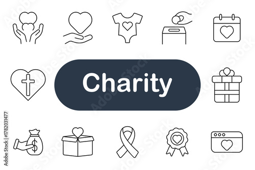 Charity set icon. Heart, hand, cross, gift, donation, ribbon, box, coin, baby clothes, bag, calendar, medal, website, giving, kindness, volunteer, help, love, humanity, hope