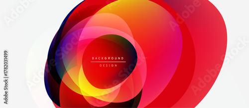 Abstract colorful layers create dynamic visual effect. Gradient shades blend, forming circular shapes, modern design element.