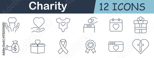 Charity set icon. Giving hands, heart, onesie, donation box, calendar, gift, money bag, ribbon, badge, browser window, and cross heart in outline support theme.