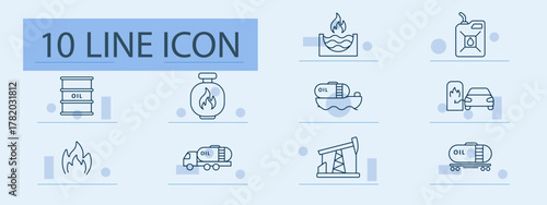 Oil and fuel set icon. Line icons showing oil barrel, gas flame, refinery tank, jerry can, tanker ship, fuel pump, oil truck, drilling rig, combustion, energy transport