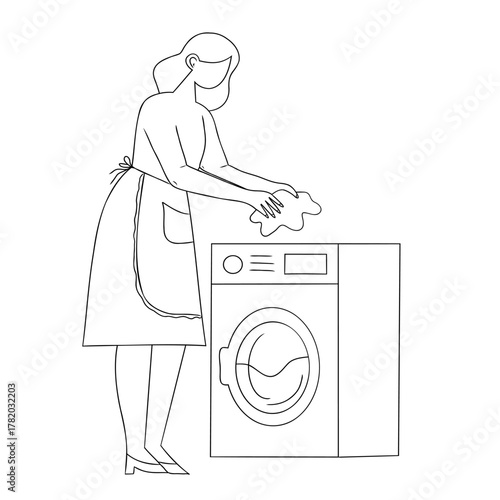 Woman doing laundry at home with a washing machine during the day. Laundry woman coloring page