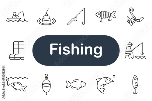 Fishing set icon. Rod, hook, fish, worm, float, boots, lure, fisherman, boat, water, catch, line, reel, bait, hobby, sport, nature, outdoor, activity, recreation