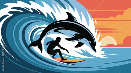 Catching waves with dolphins at sunset, an awesome adventure illustration for your beach vibes and vacation designs, perfect for summer themes