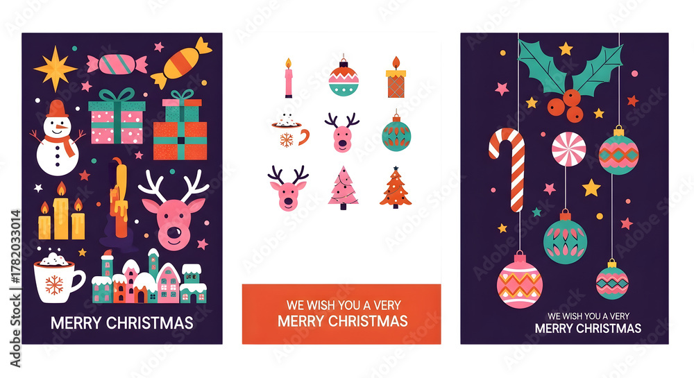 Fototapeta premium A set of three colorful christmas greeting cards with festive illustrations and holiday symbols isolated on transparent background