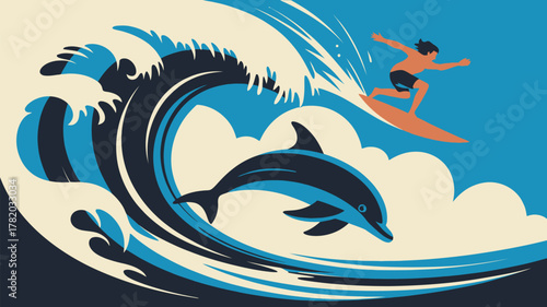 Catch the wave with this surfer and dolphin design, perfect for summer vibes, vacation ads, and ocean lovers wanting a cool coastal look